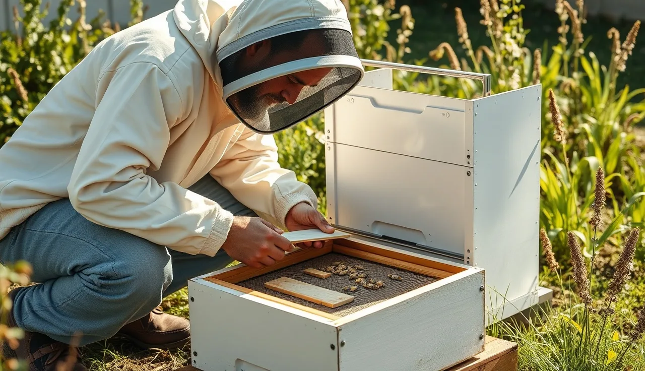 Beekeeper removing a sticky monitoring tray from a screened bottom board hive