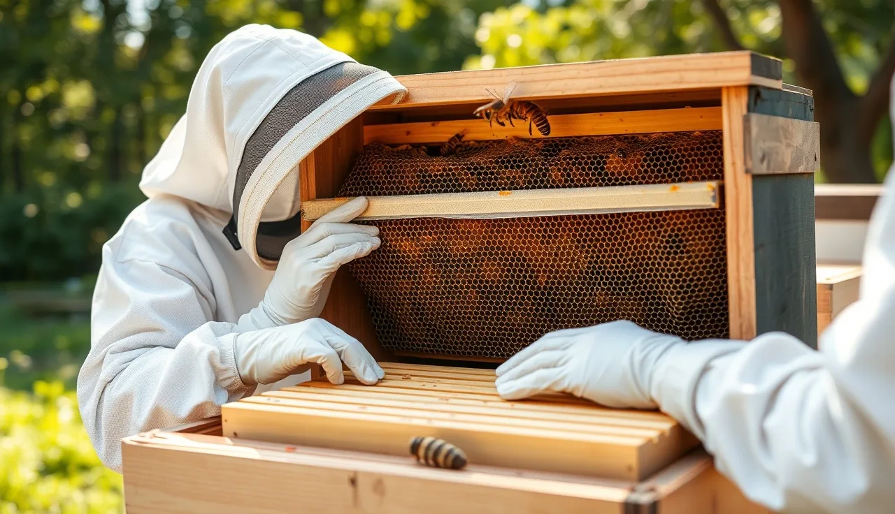 Beekeeper placing a varroa mite treatment strip between brood frames in a wooden hive box