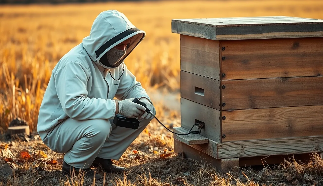 Beekeeper using an oxalic acid vaporizer wand at a hive entrance in autumn