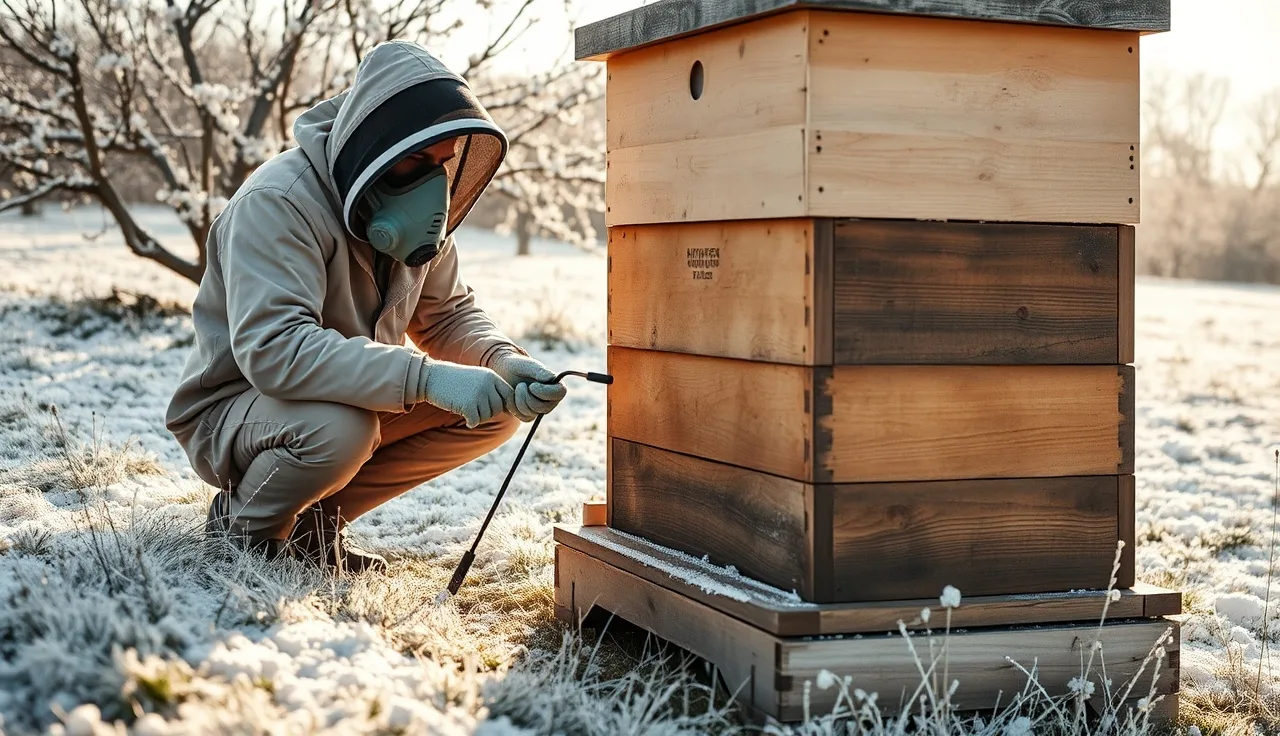 Beekeeper in respirator vaporizing oxalic acid into a hive on a cold winter morning