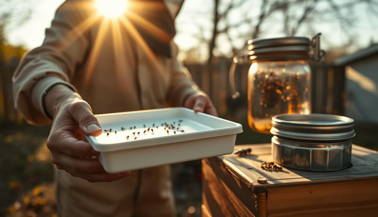Beekeeper examining white tray after alcohol wash to count varroa mites