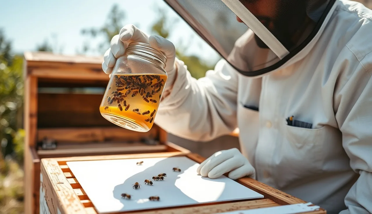 Beekeeper performing alcohol wash mite count over an open hive