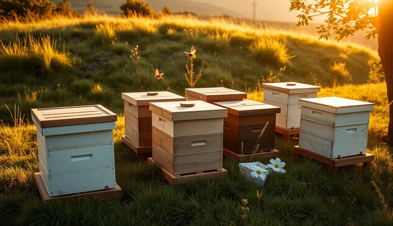 Six wooden beehives in a backyard apiary with bees flying between them
