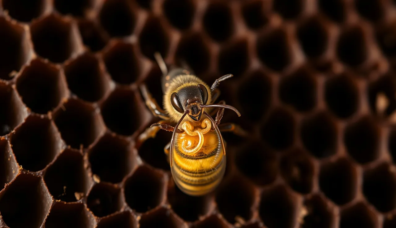Varroa mite clinging to honey bee abdomen on dark honeycomb