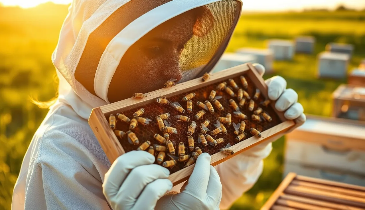 Beekeeper inspecting capped brood frame outdoors, examining cells for hygienic behavior