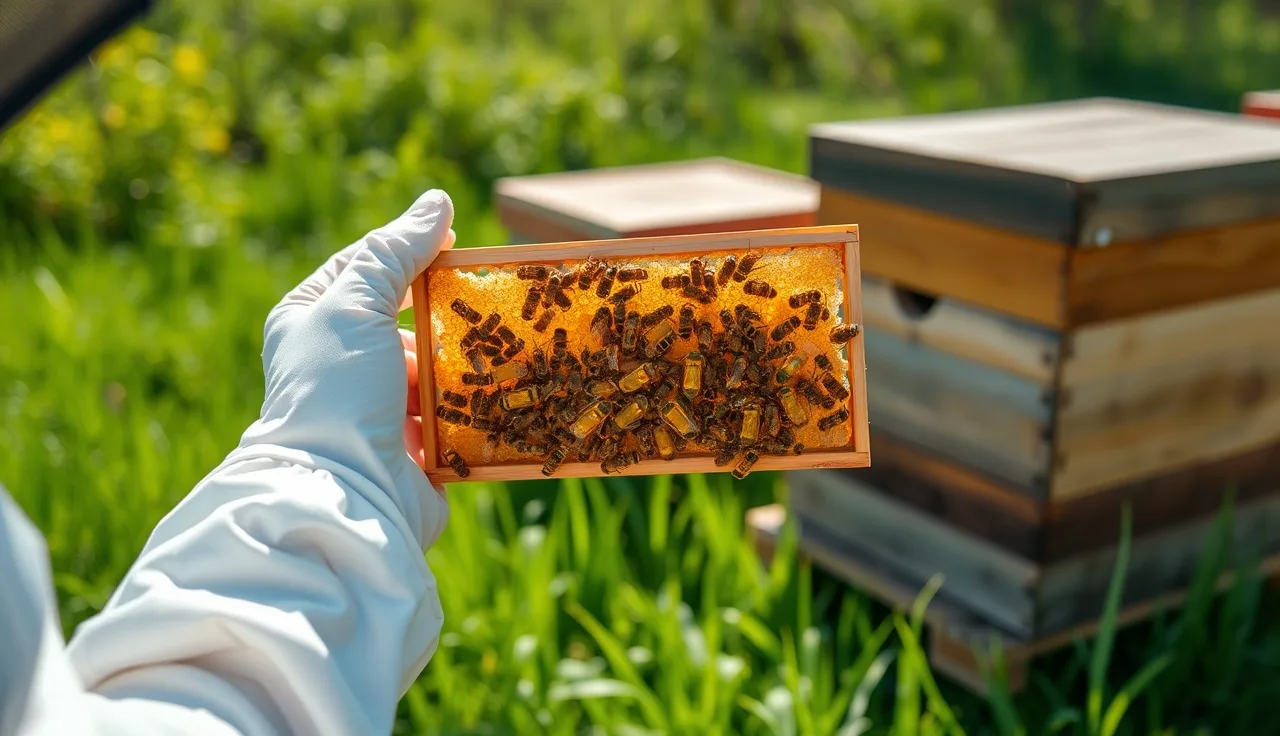 Beekeeper closely inspecting a brood frame for varroa mites in afternoon light