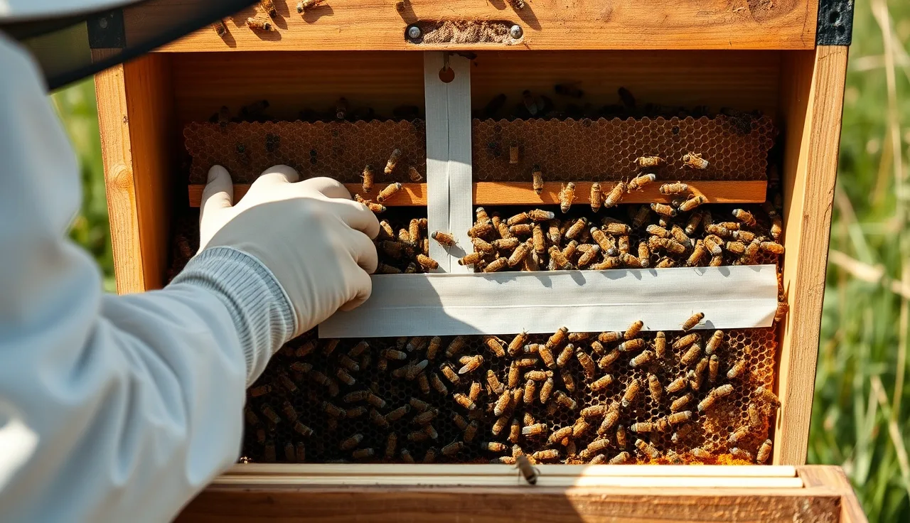 Beekeeper in gloves installing Apivar strip between frames in an open hive