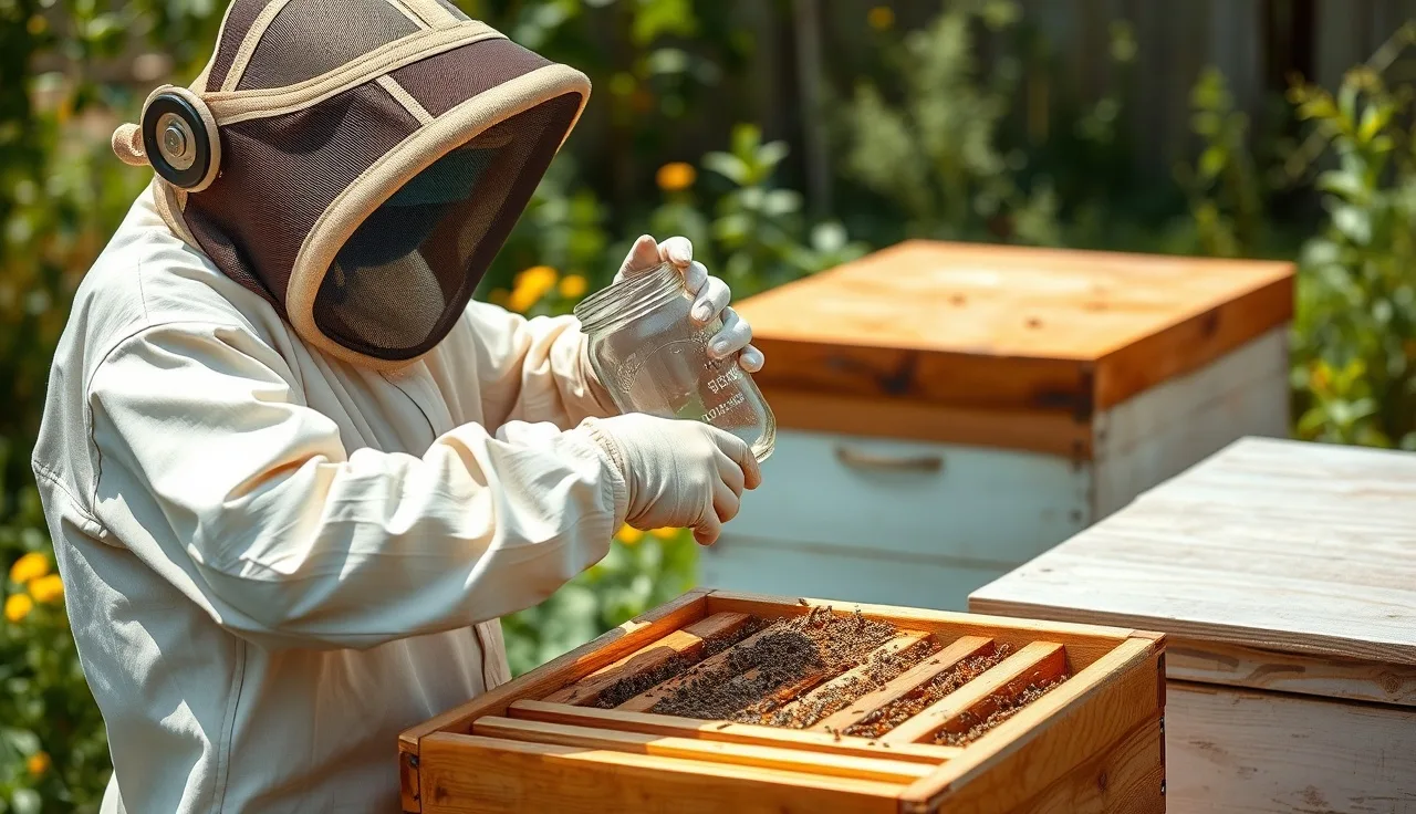 Beekeeper performing an alcohol wash varroa mite count at a hive