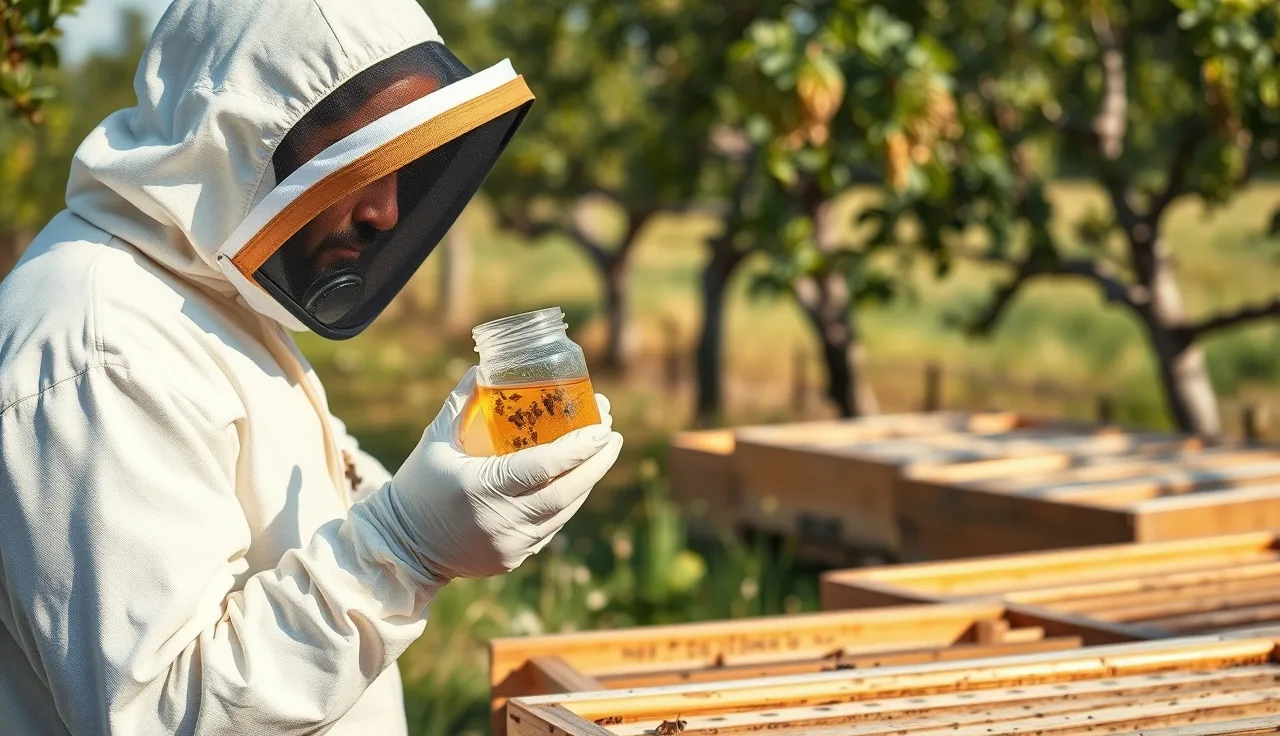 Beekeeper conducting alcohol wash varroa mite count beside wooden hive boxes