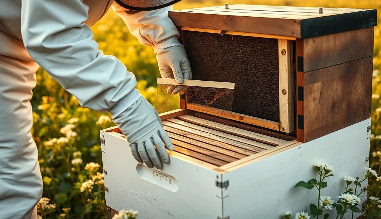 Beekeeper placing formic acid treatment strip across open beehive top bars in a field