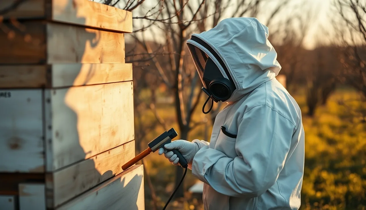 Beekeeper with respirator applying oxalic acid vaporizer to hive entrance in autumn orchard