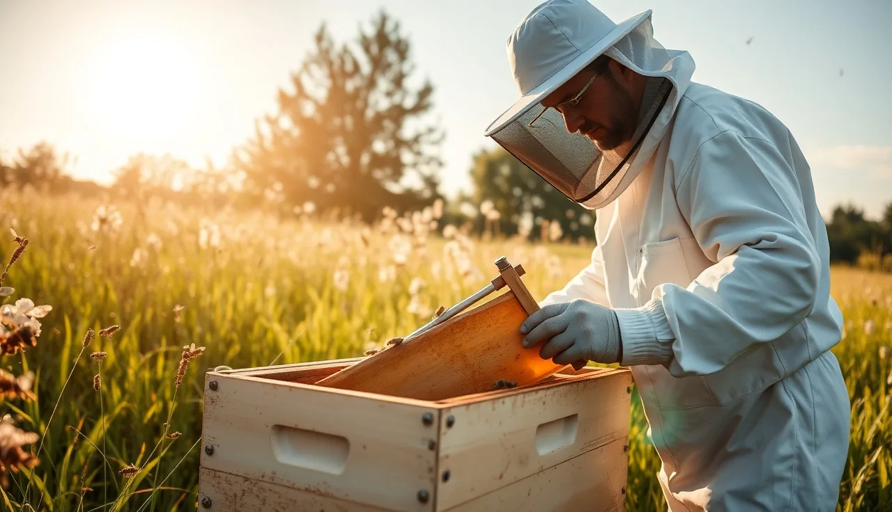 Beekeeper removing a honey super from a hive before oxalic acid varroa treatment