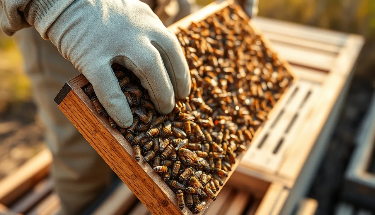 Beekeeper holds a brood frame showing mixed Italian and Carniolan honey bees