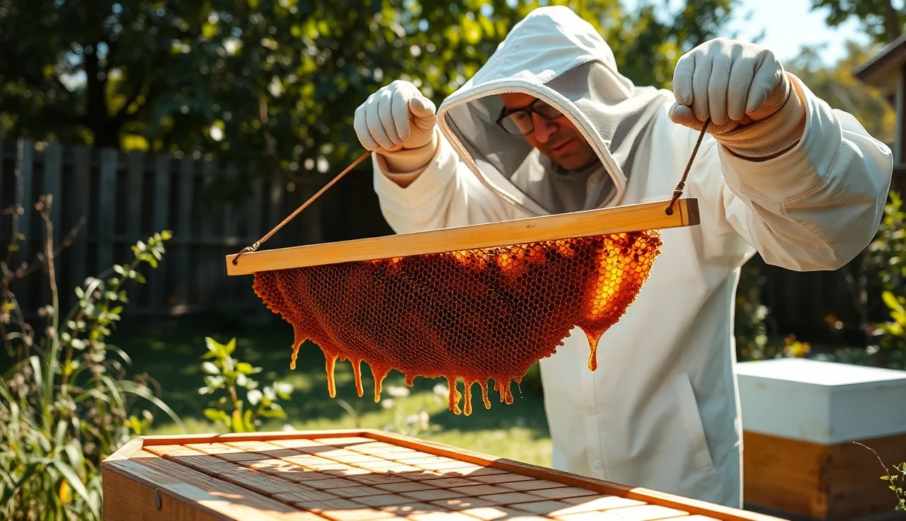 Beekeeper lifting a top bar with natural honeycomb from a horizontal top bar hive