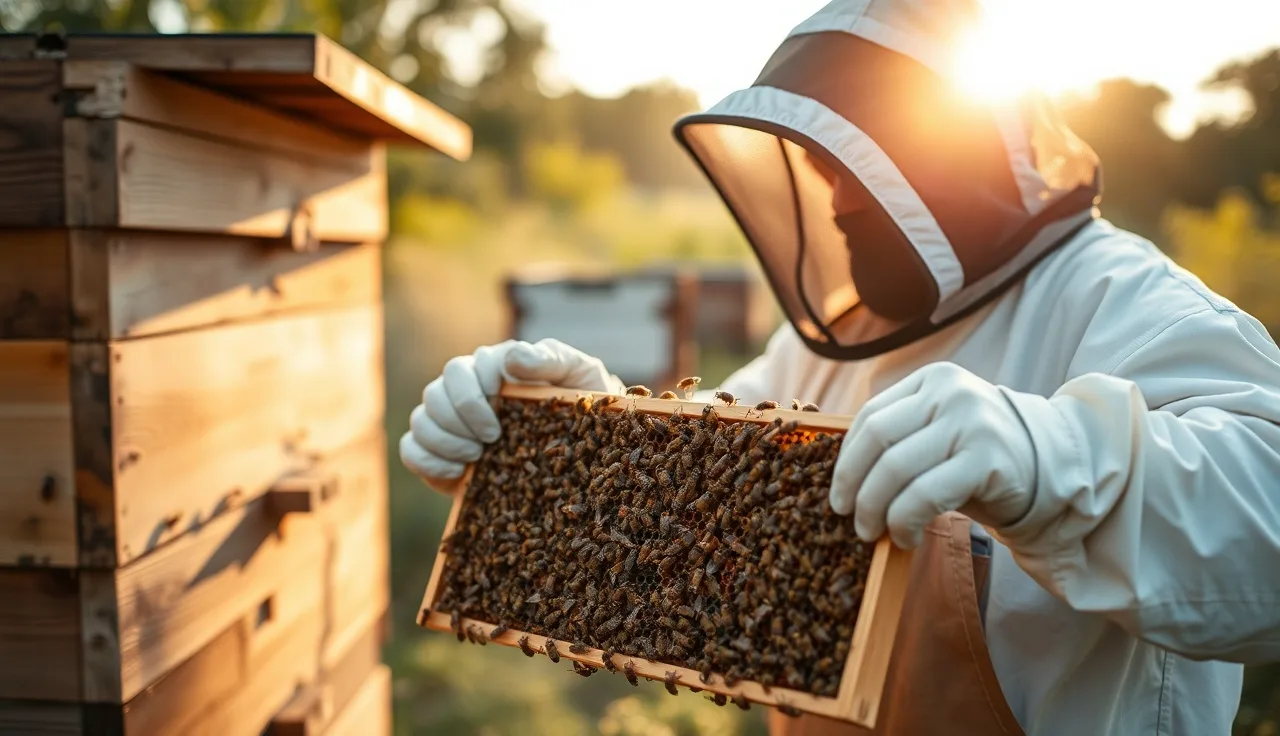 Beekeeper inspecting a brood frame in a summer apiary during varroa monitoring