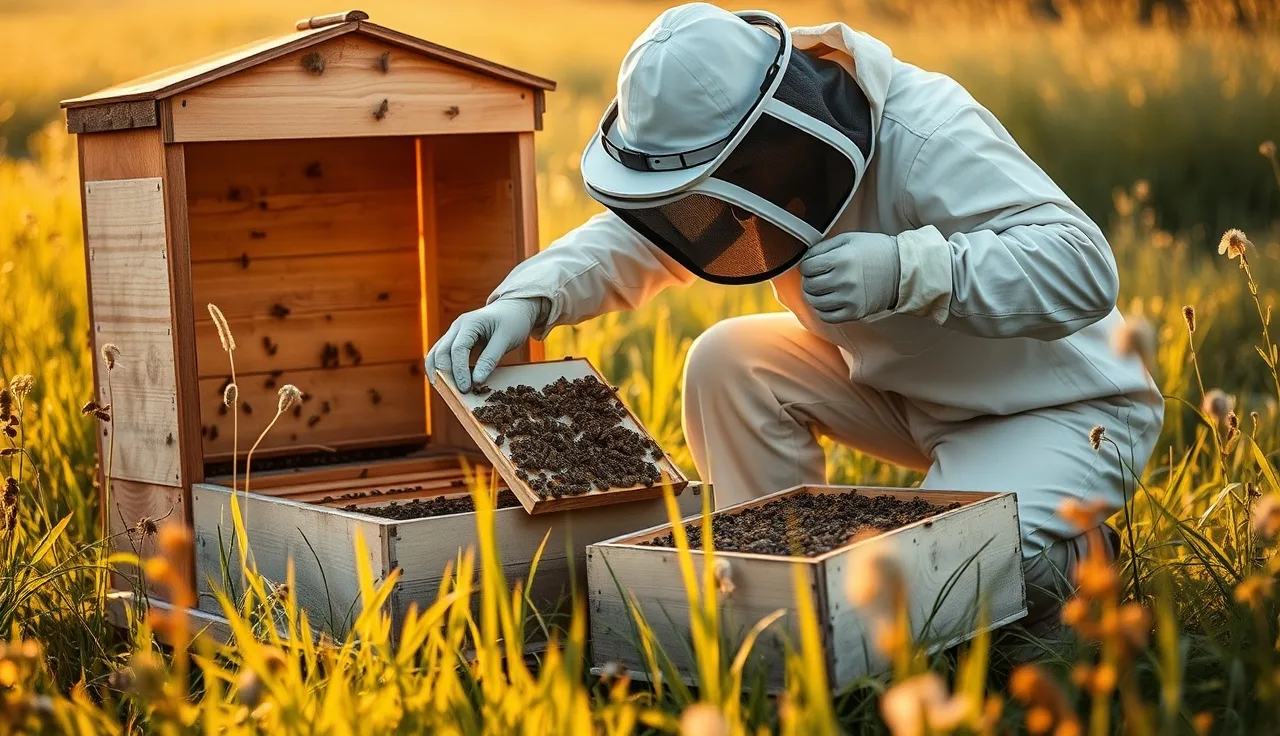 Beekeeper inserting a varroa treatment strip into an open hive in a meadow
