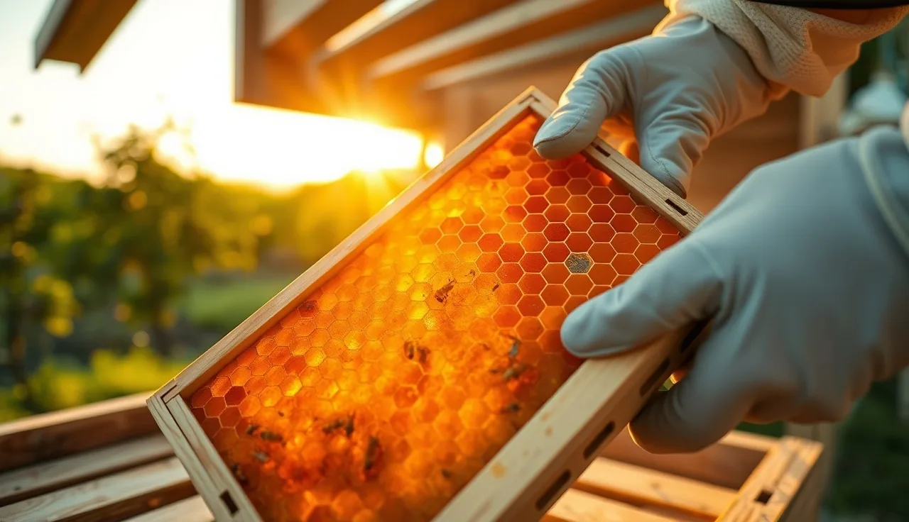 Beekeeper examining open brood comb with varroa mites visible on cells