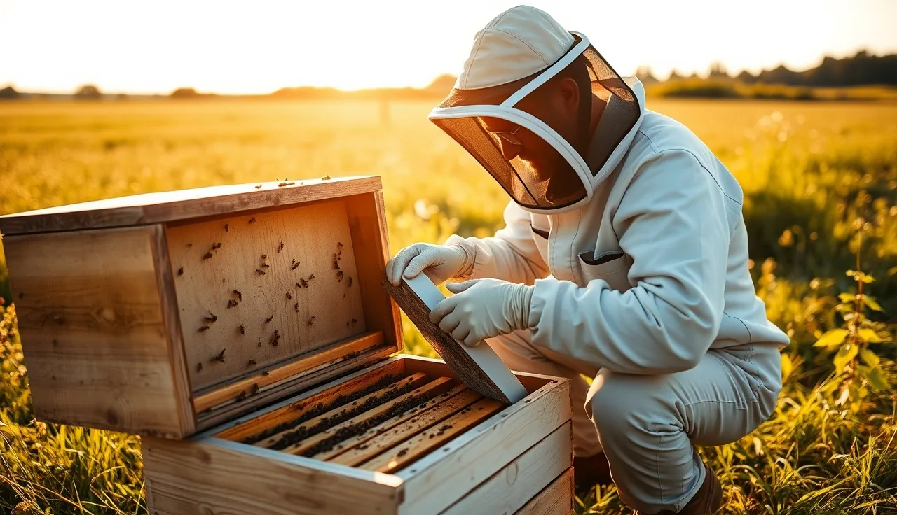 Beekeeper inserting Apivar varroa treatment strips between brood frames in an open hive