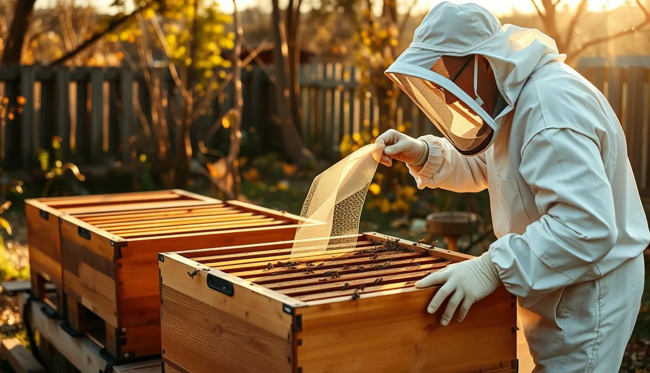 Beekeeper placing a formic acid gel strip onto brood frames inside an open hive