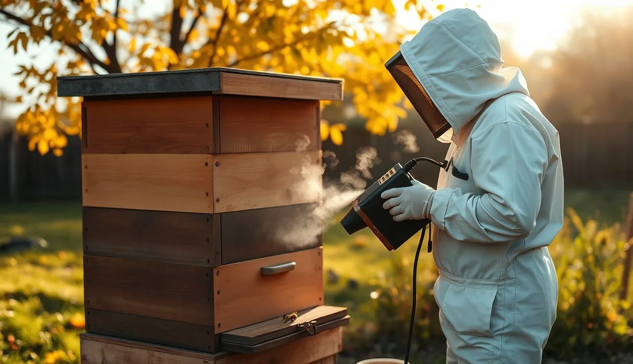 Beekeeper applying oxalic acid varroa treatment to a Langstroth hive in autumn