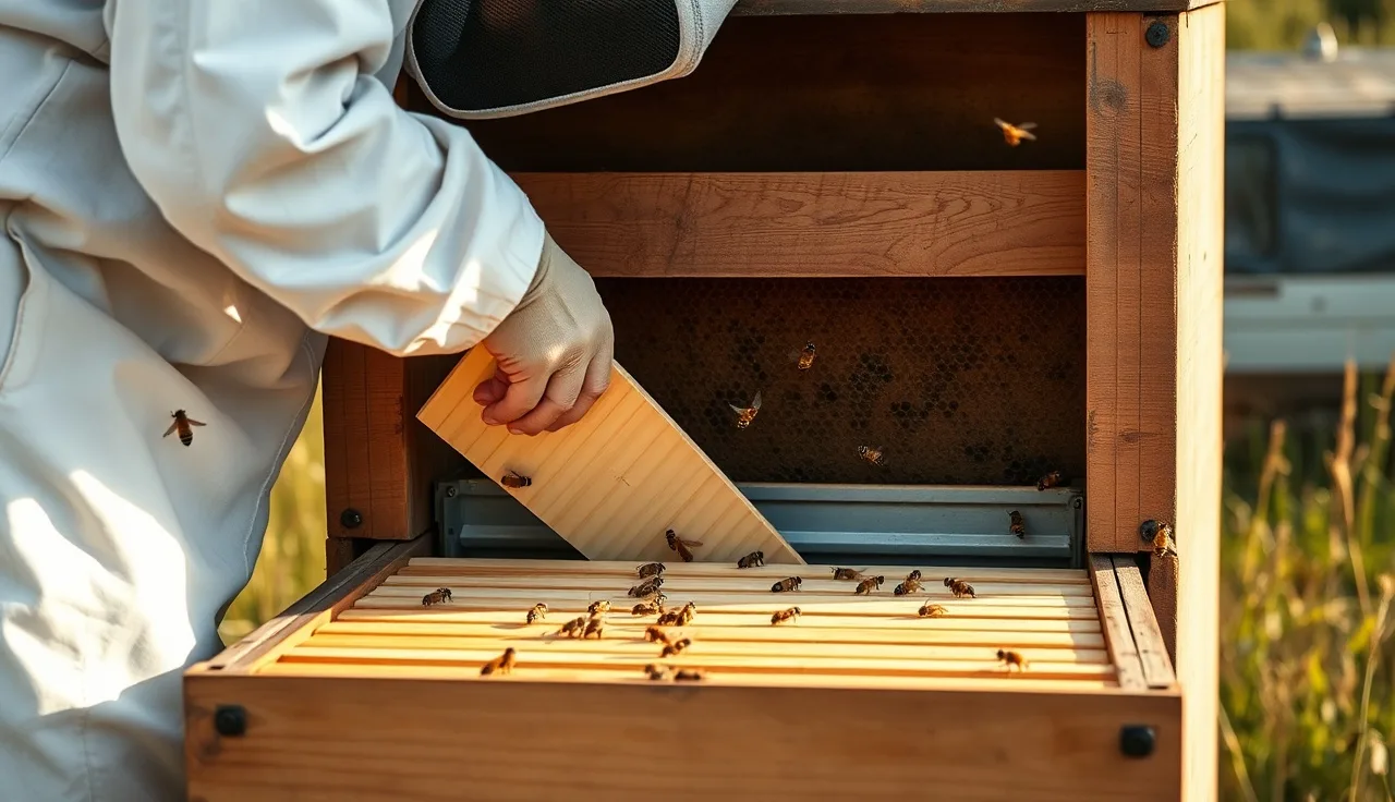 Beekeeper placing MAQS formic acid strips across brood frame top bars in open hive
