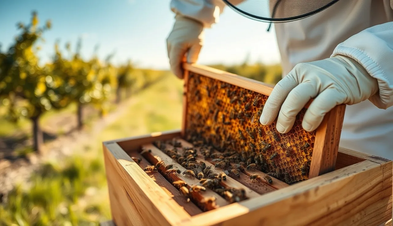 Beekeeper removing honey super before oxalic acid varroa treatment, sunny day