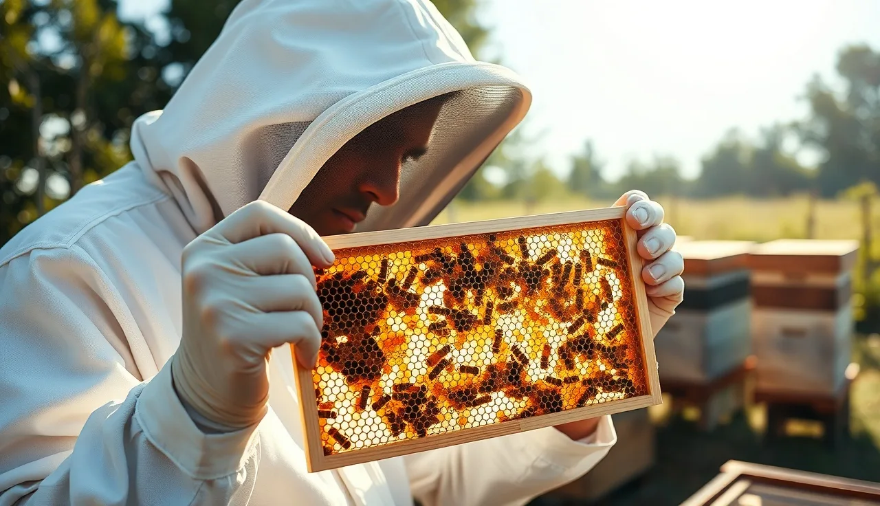 Beekeeper holding drone comb frame at apiary during varroa mite inspection