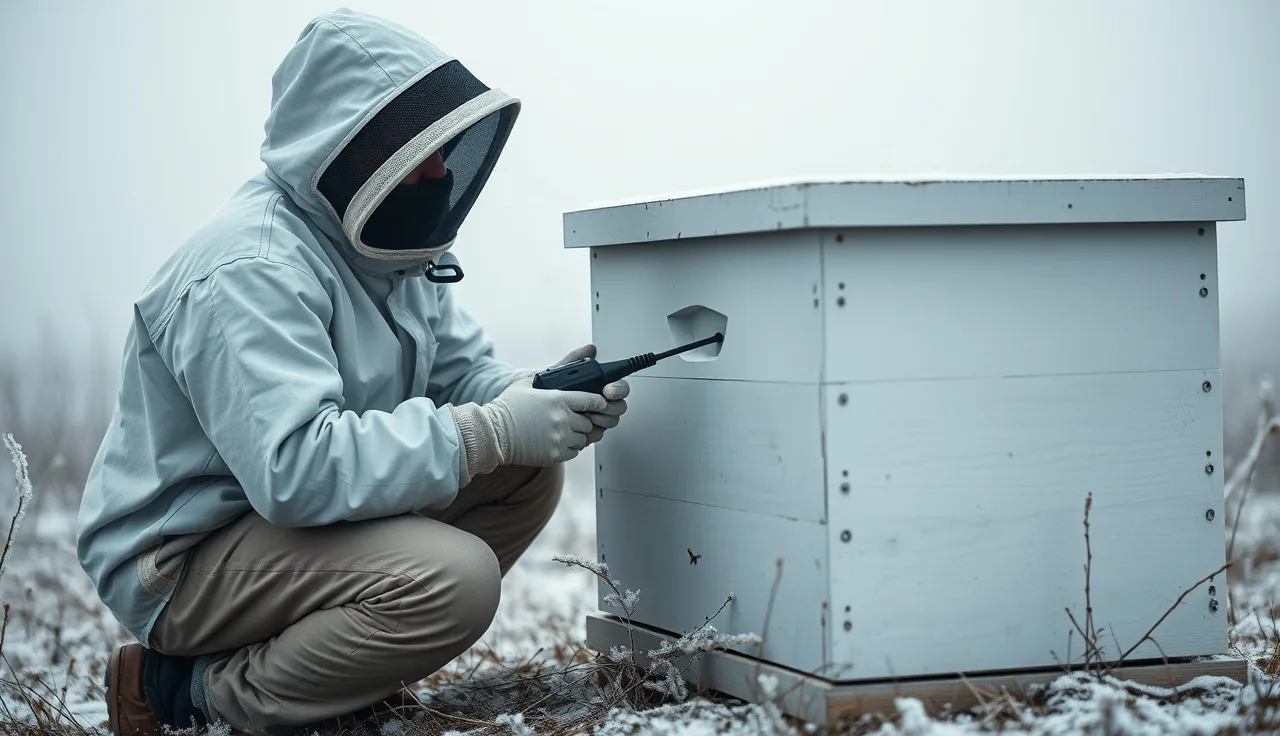 Beekeeper applying oxalic acid vaporizer to sealed hive entrance on a cold winter morning