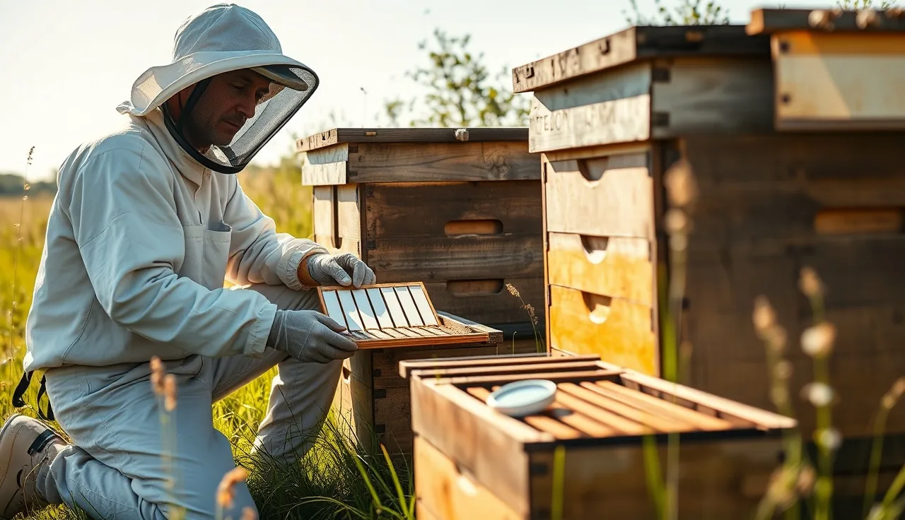 Beekeeper placing formic acid strips on hive top bars with thermometer visible