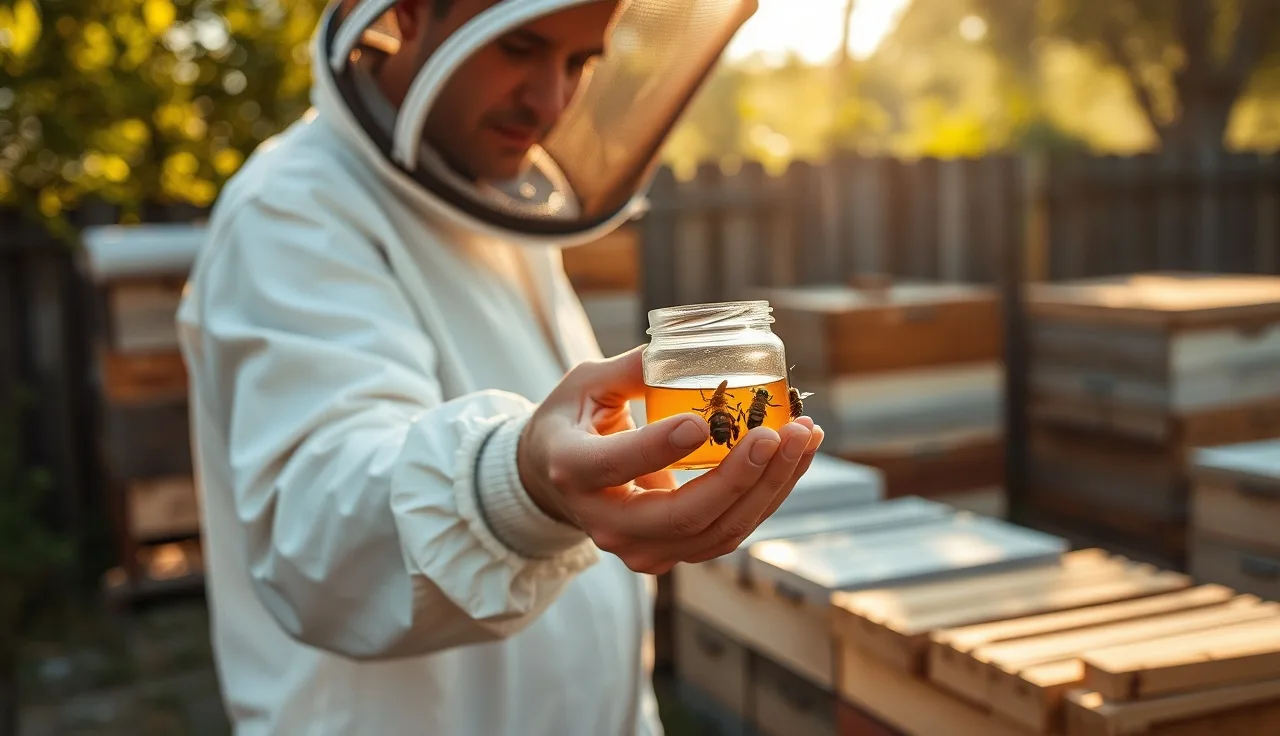 Beekeeper performing an alcohol wash mite test beside wooden hive boxes