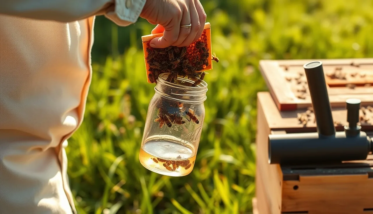 Beekeeper sampling bees into a mason jar for an alcohol wash mite count