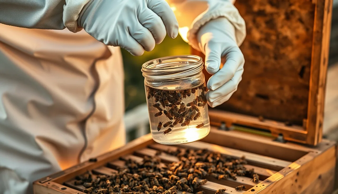 Beekeeper performing an alcohol mite wash on honey bees in a glass jar