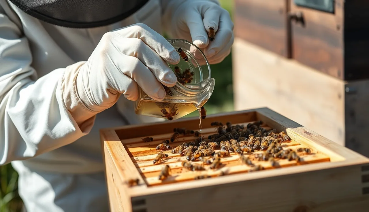 Beekeeper performing an alcohol wash varroa mite count from a brood frame