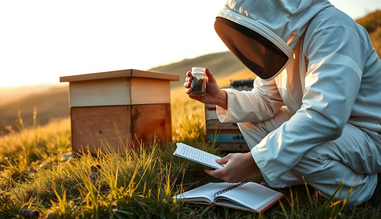 Beekeeper holding alcohol wash jar to count varroa mites beside an open hive