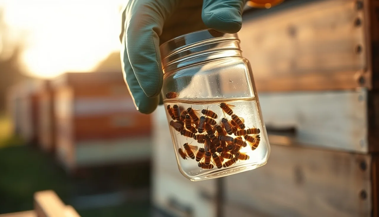 Beekeeper performing alcohol wash mite count in jar near hive boxes