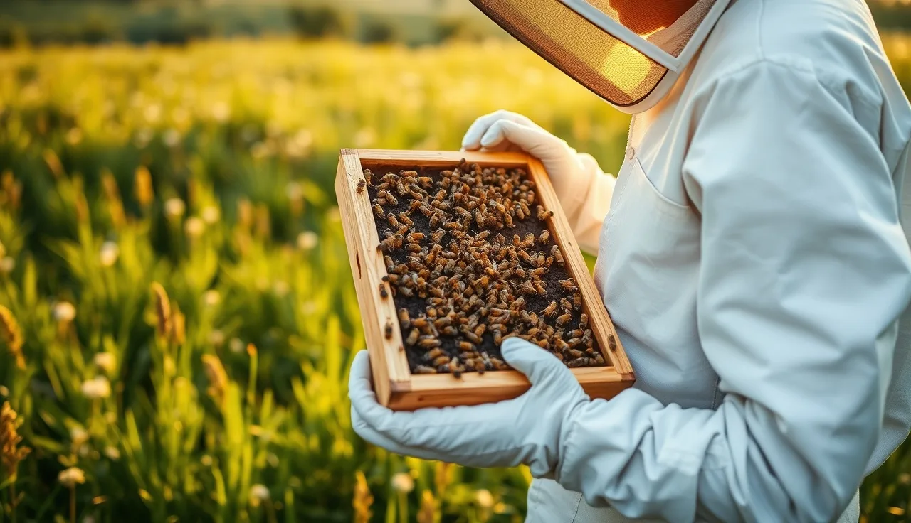 Beekeeper inspecting a brood frame with bees for mite-resistant traits