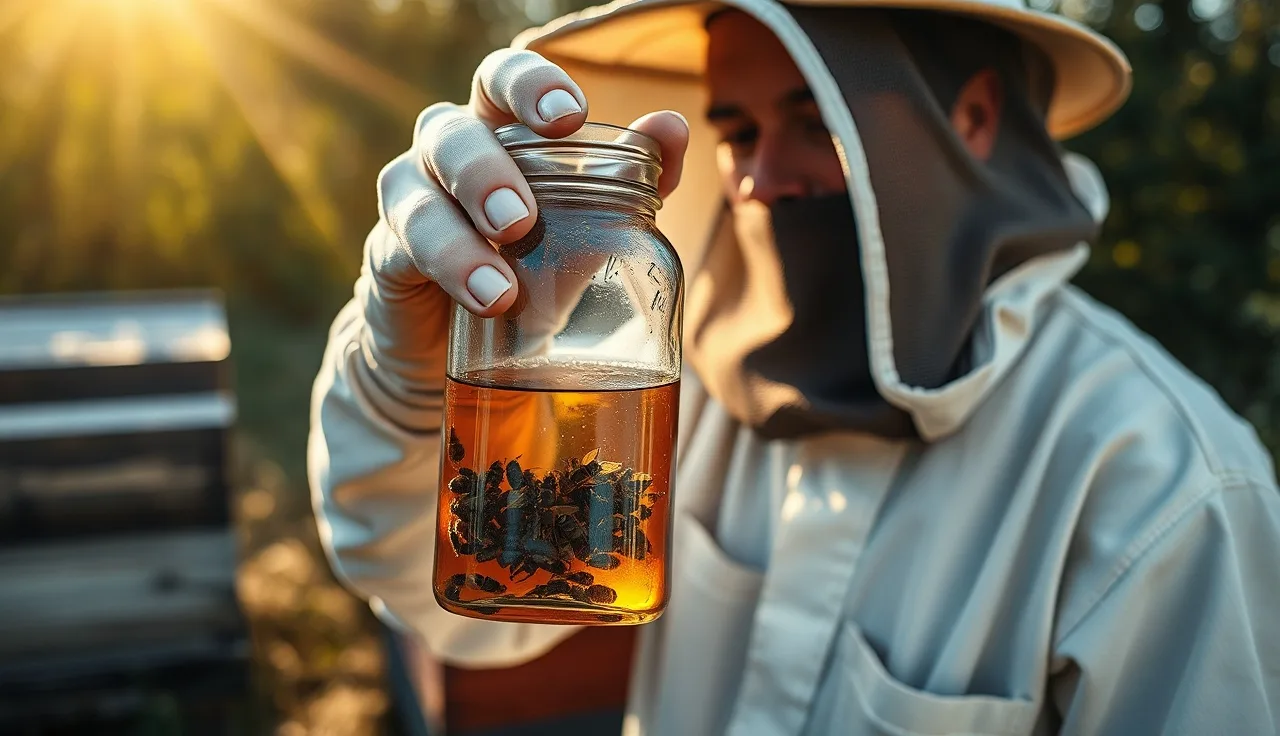 Beekeeper holding a mite wash jar sample beside open beehive boxes