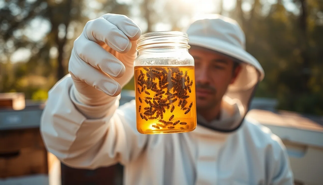 Beekeeper performing an alcohol mite wash in a jar at an apiary