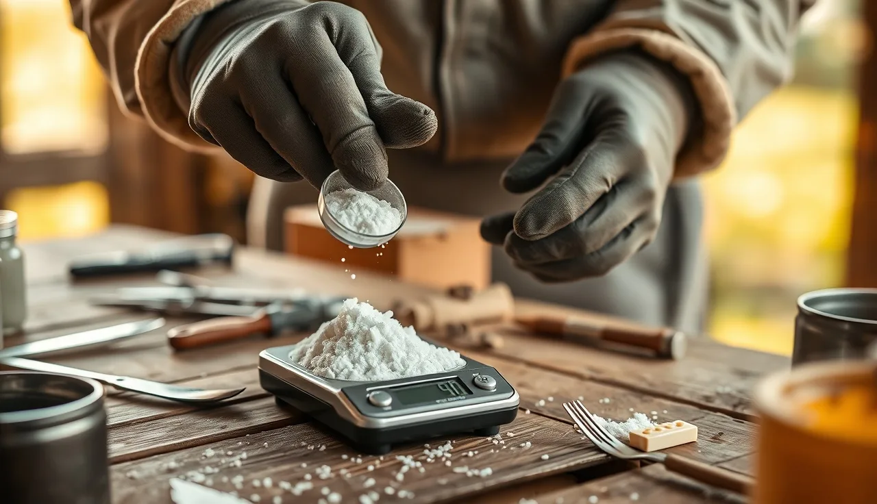 Gloved hands measuring oxalic acid crystals on a scale for bee treatment