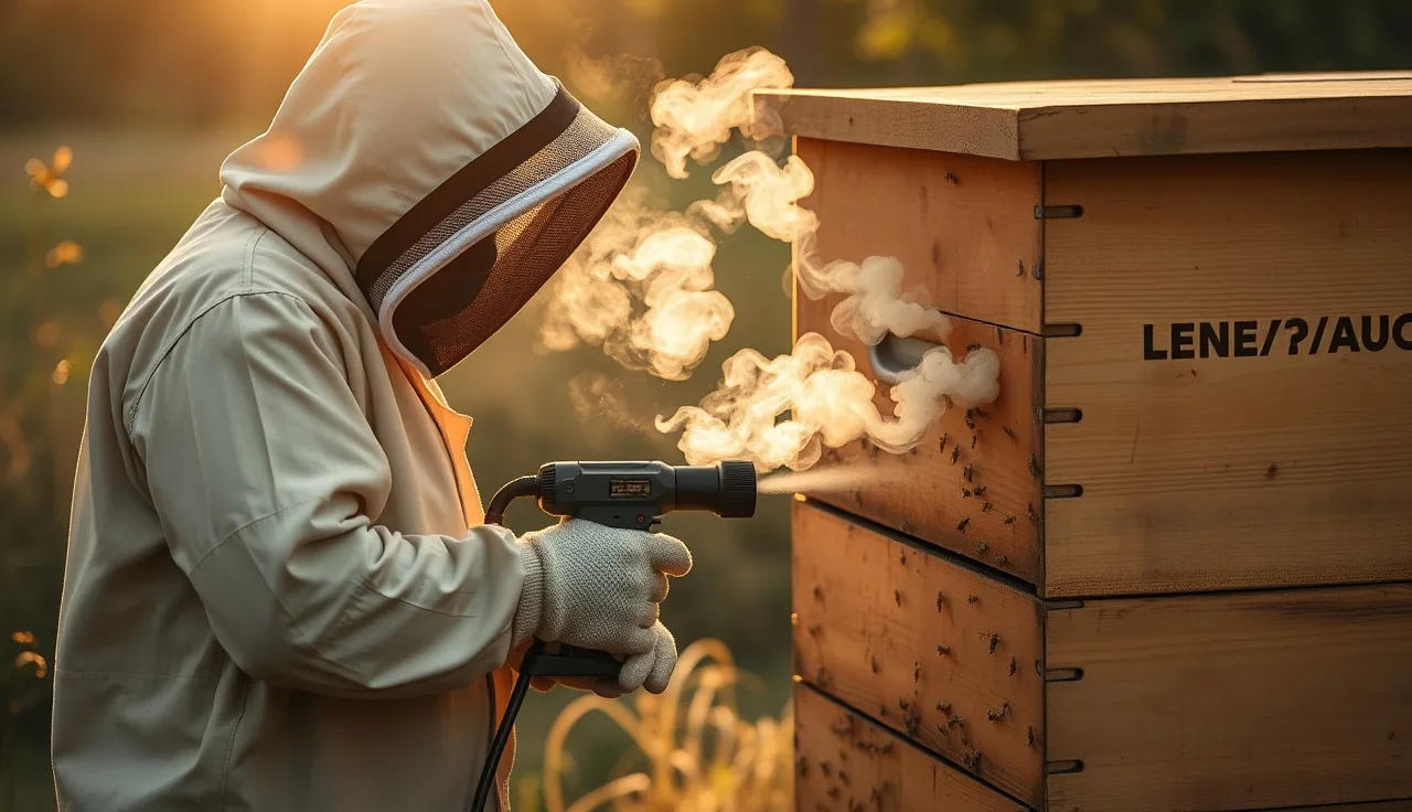Beekeeper applying oxalic acid vaporizer treatment to a Langstroth hive for varroa mite control