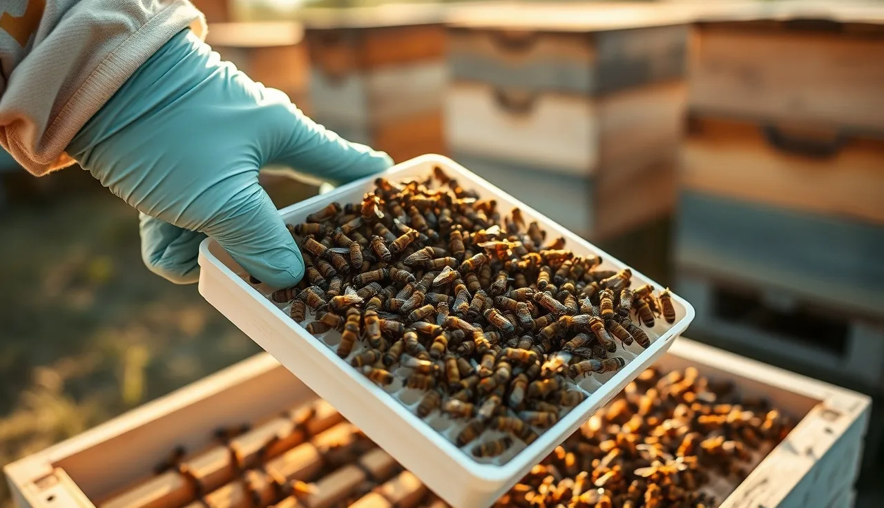 Beekeeper counting varroa mites on a white alcohol wash tray outdoors