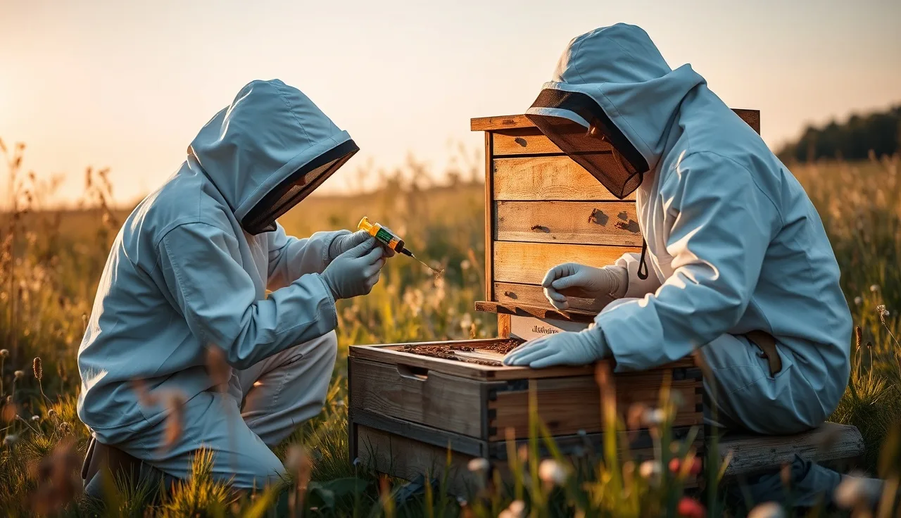 Beekeeper applying natural oxalic acid treatment to an open varroa-infested hive