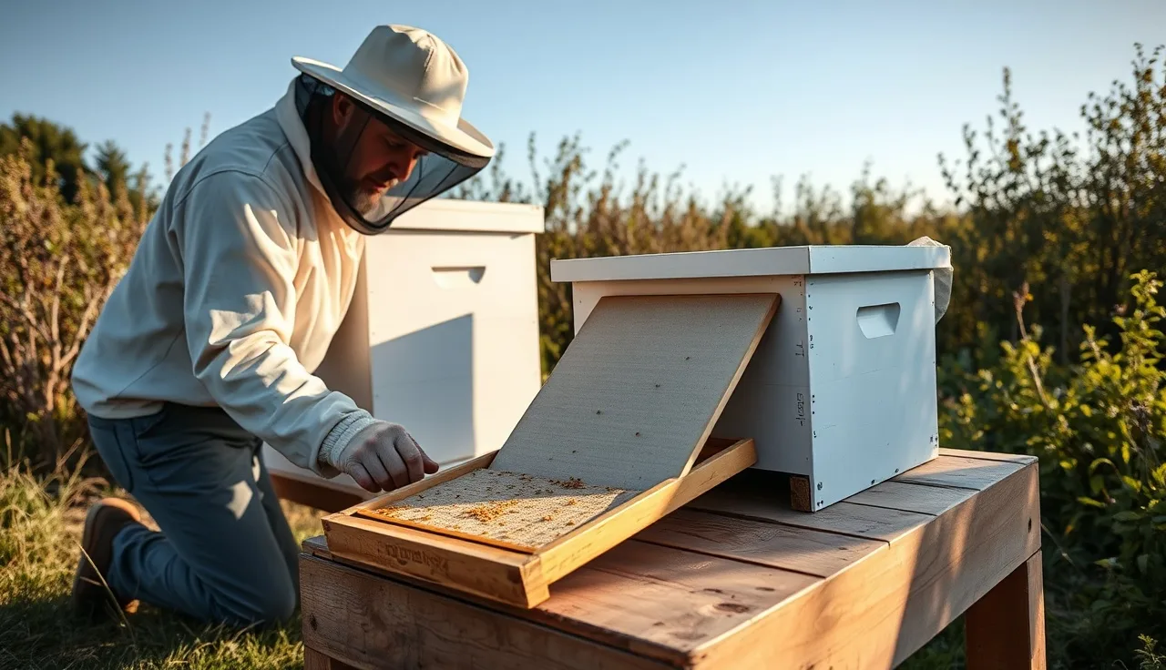 Beekeeper sliding a sticky board from under a hive to count varroa mites