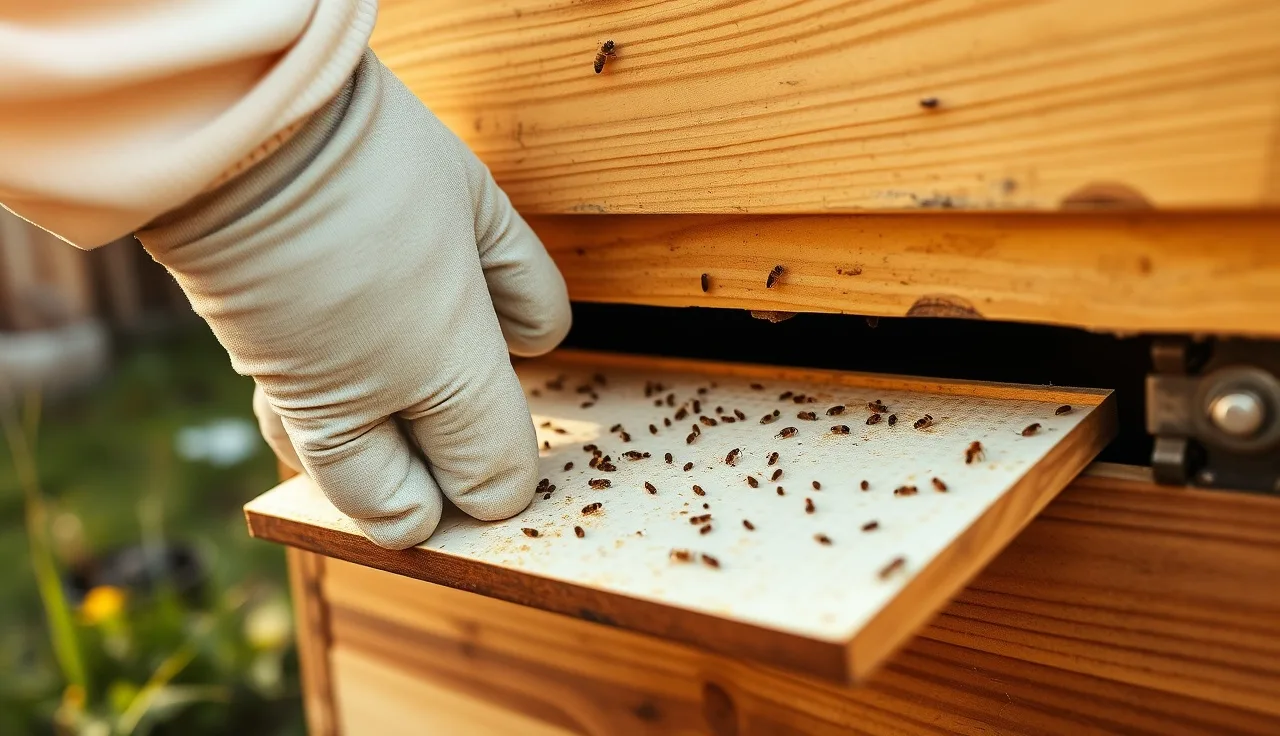 Beekeeper pulling a sticky varroa mite fall monitoring board from a hive