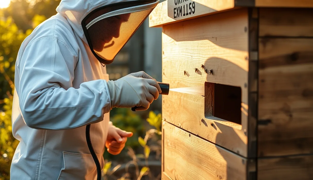 Beekeeper applying oxalic acid vaporizer to a Langstroth hive for natural varroa mite control