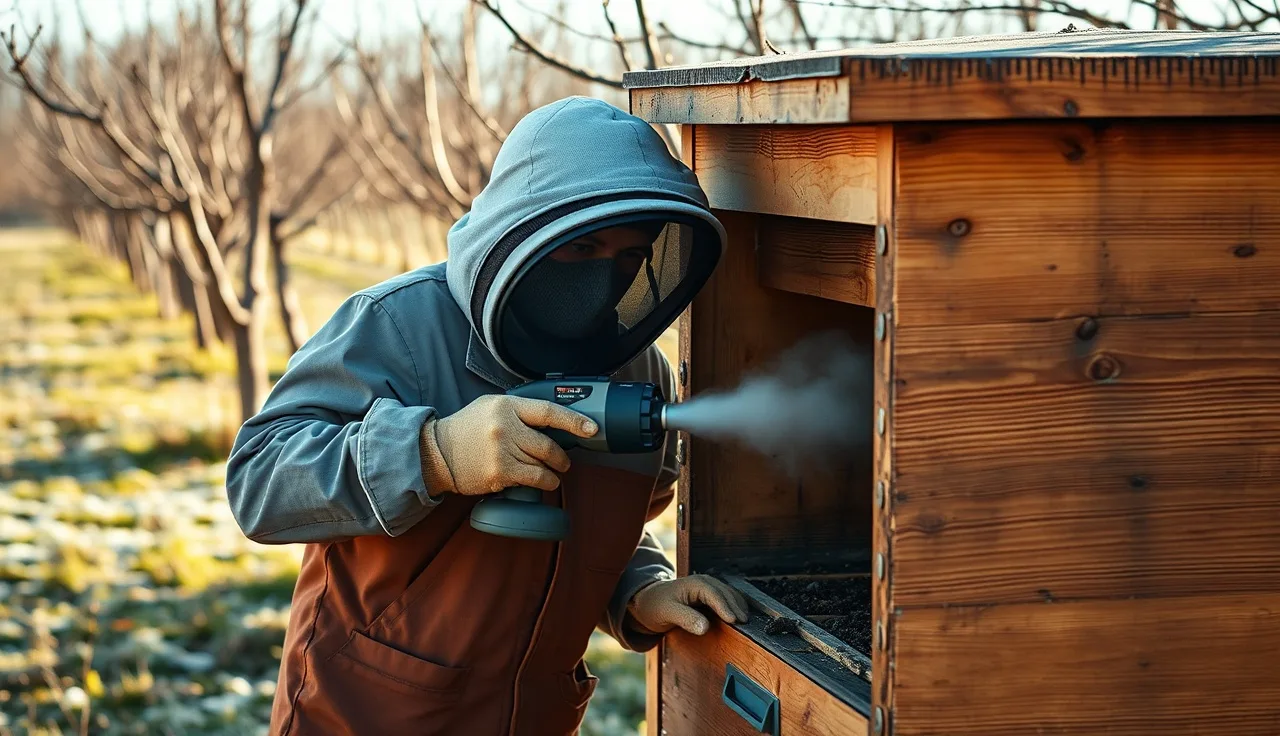 Beekeeper using oxalic acid vaporizer at a Langstroth hive entrance in autumn