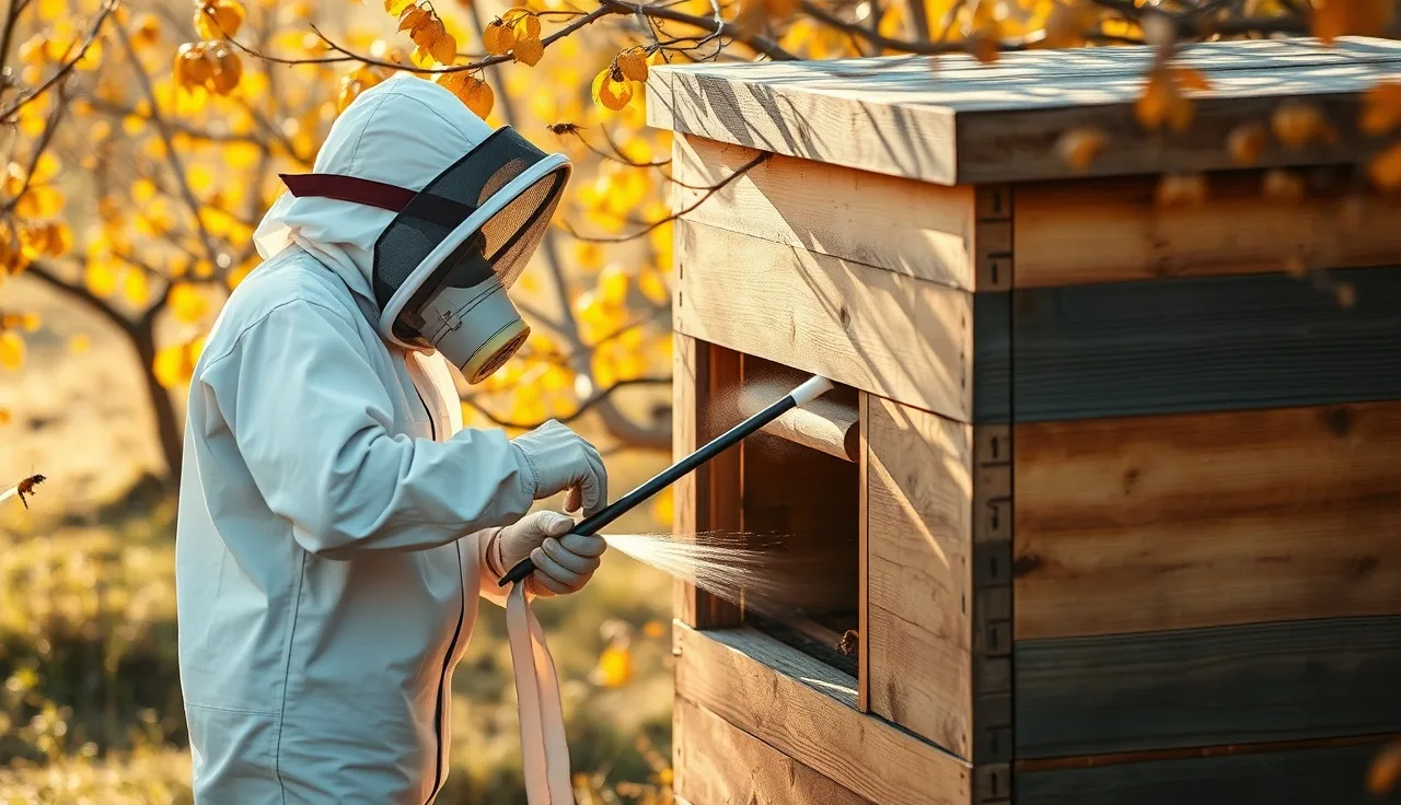 Beekeeper applying nebulized oxalic acid to a Langstroth hive entrance outdoors