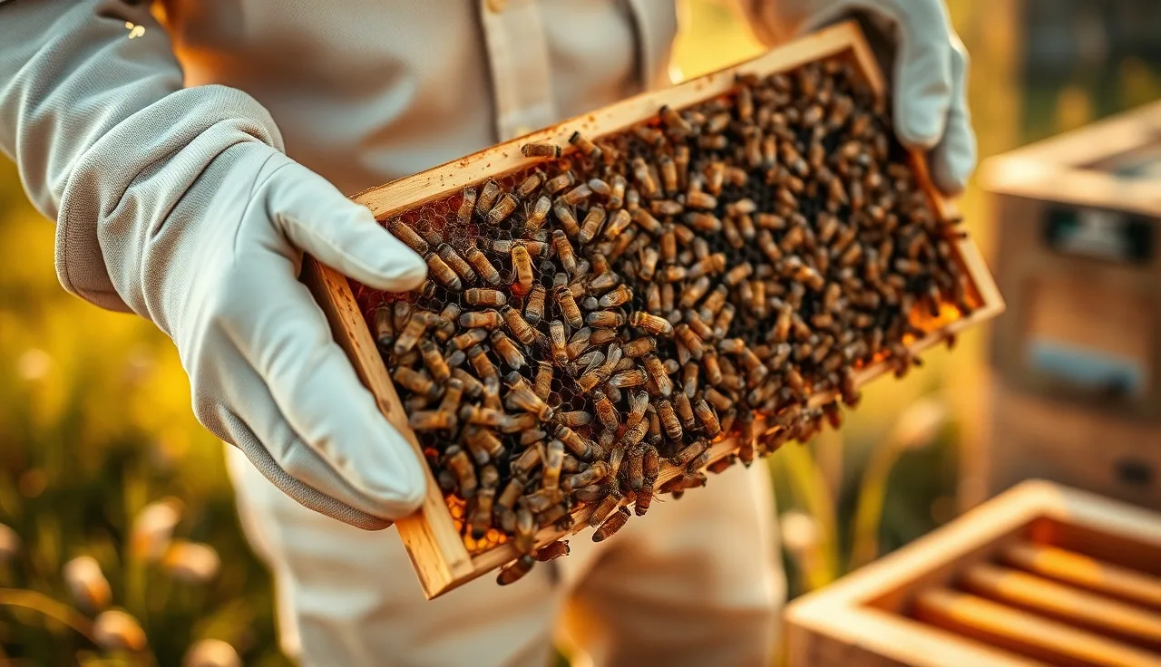 Beekeeper holding a brood frame covered in honey bees during a varroa inspection