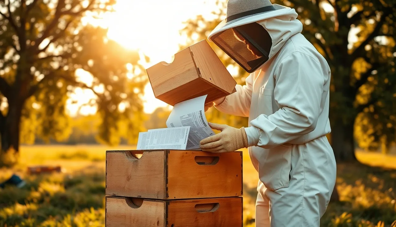 Beekeeper stacking hive boxes with newspaper visible between them for colony combine