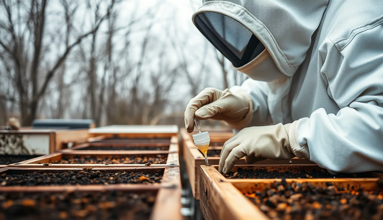Beekeeper applying oxalic acid varroa treatment between hive frames in autumn